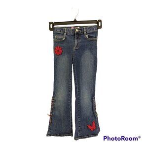 Girls Jeans Size 8 Retro Flare Patches Butterfly Flower Lace Up Cotton Stretch